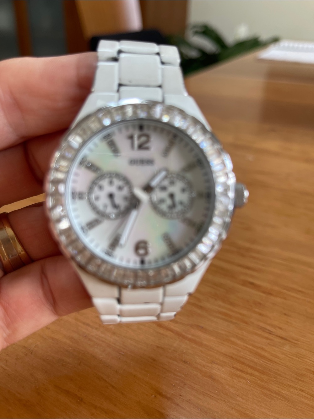 Guess White Ceramic Bracelet Watch with Crystal Bezel